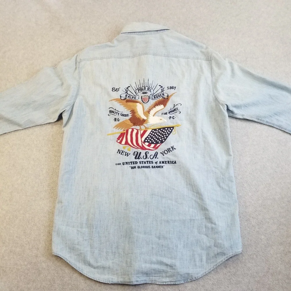 Polo Ralph Lauren Shirt Mens M Blue Denim Embroidered Eagle Brave American Flag